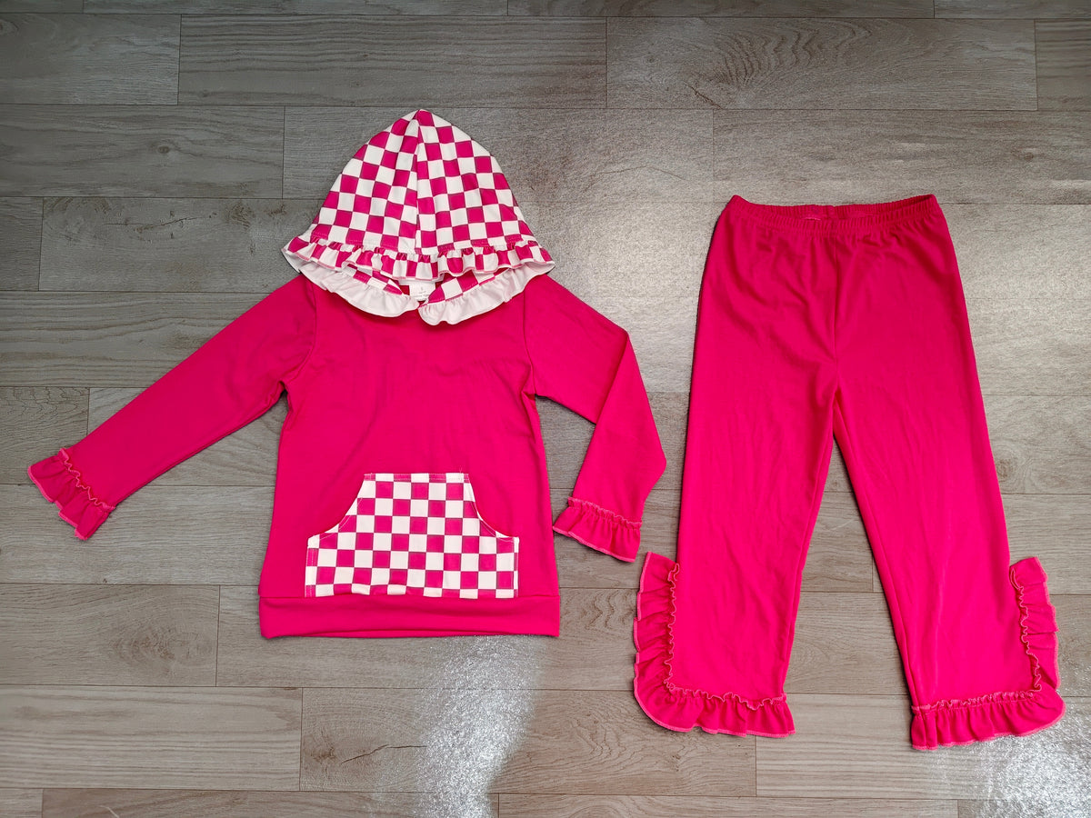 Pre order pink check ruffle girl hoodie outfit