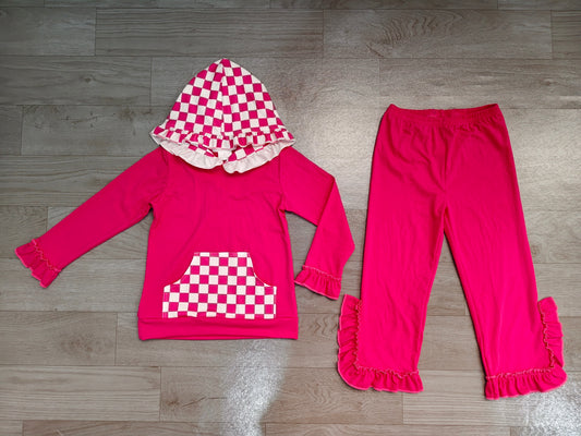 Pre order pink check ruffle girl hoodie outfit