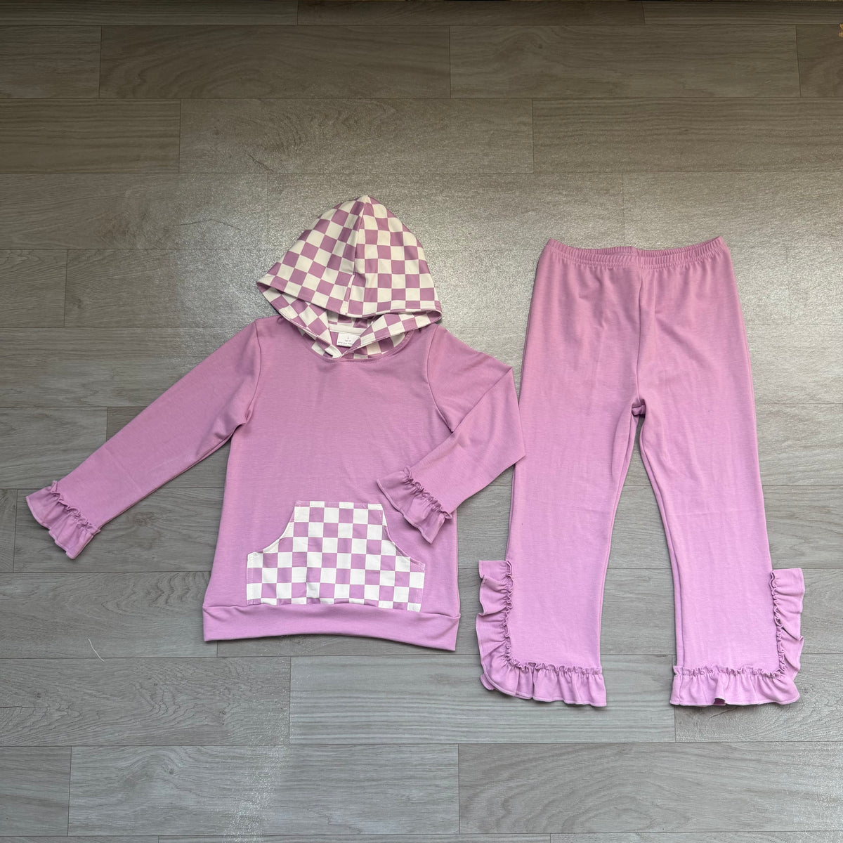 Pre order purple checkered ruffle hoodie outfit girl clothing