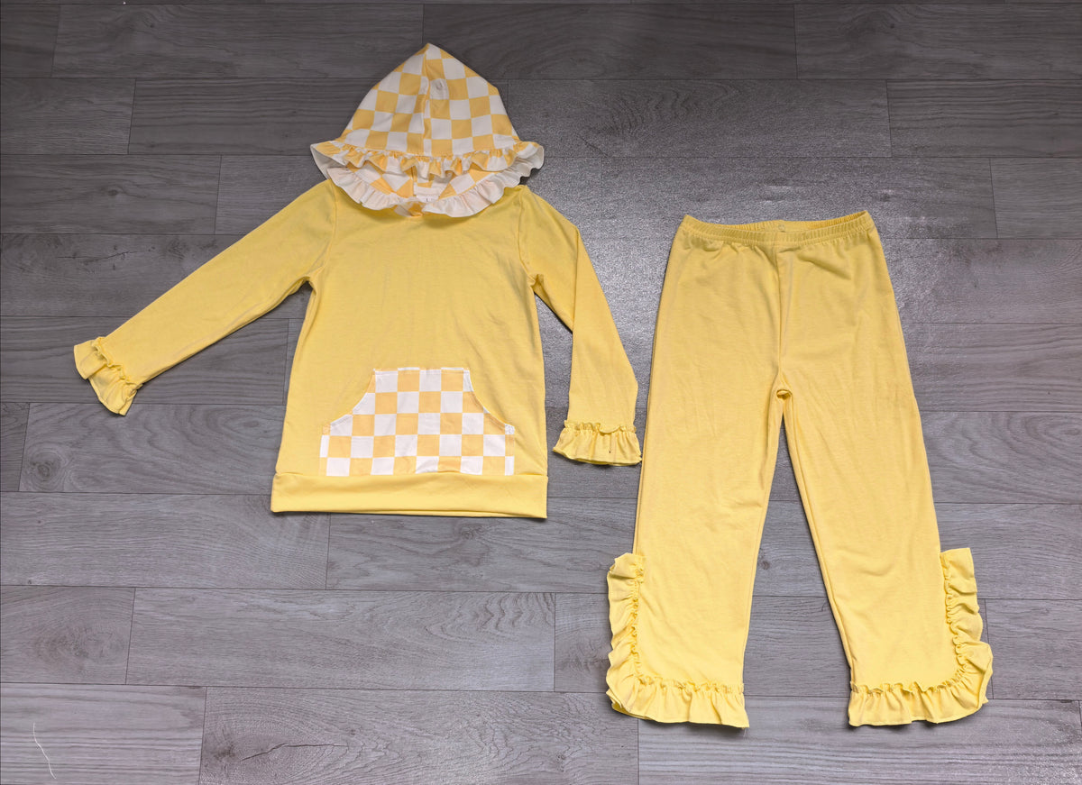 Pre order yellow checkered ruffle hoodie outfit girl clothing