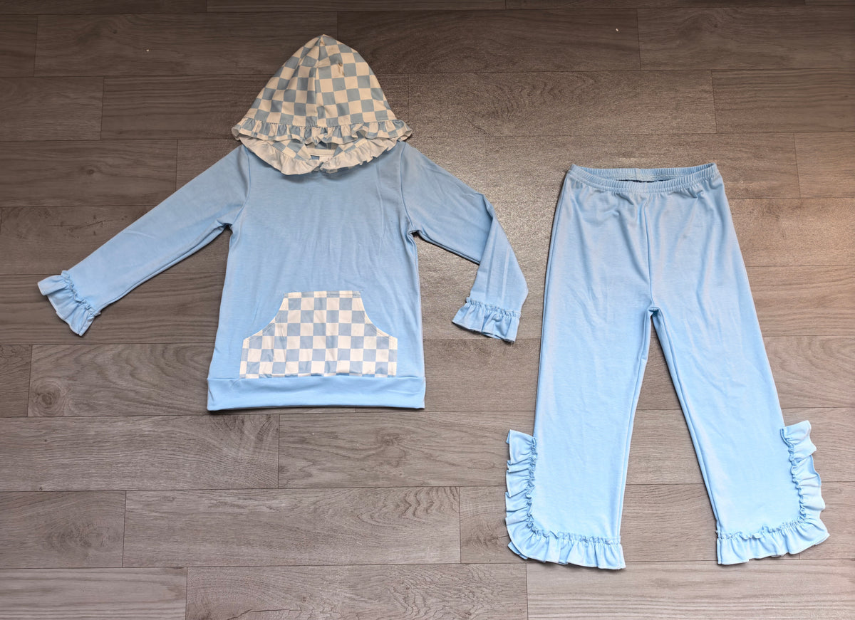 Pre order blue checkered ruffle hoodie outfit girl clothing