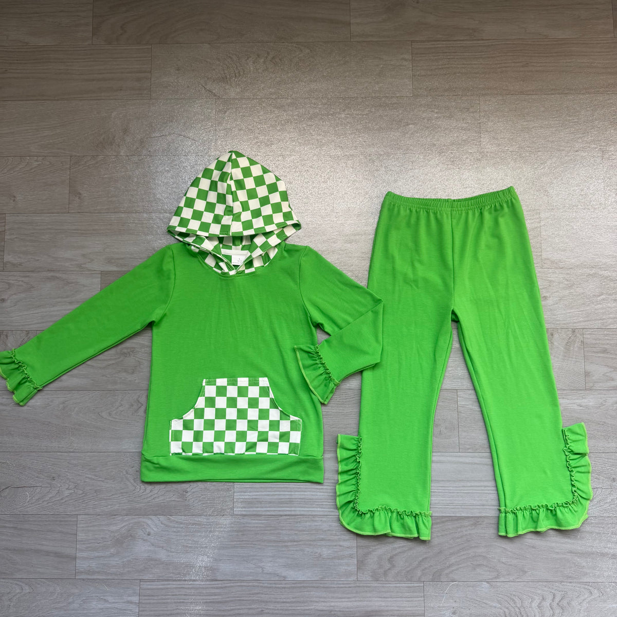 Pre order green checkered ruffle hoodie outfit girl clothing