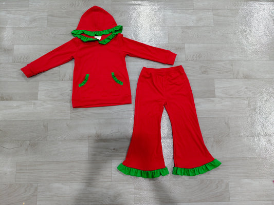 Pre order Christmas cotton red with green ruffle girl hoodie outfit