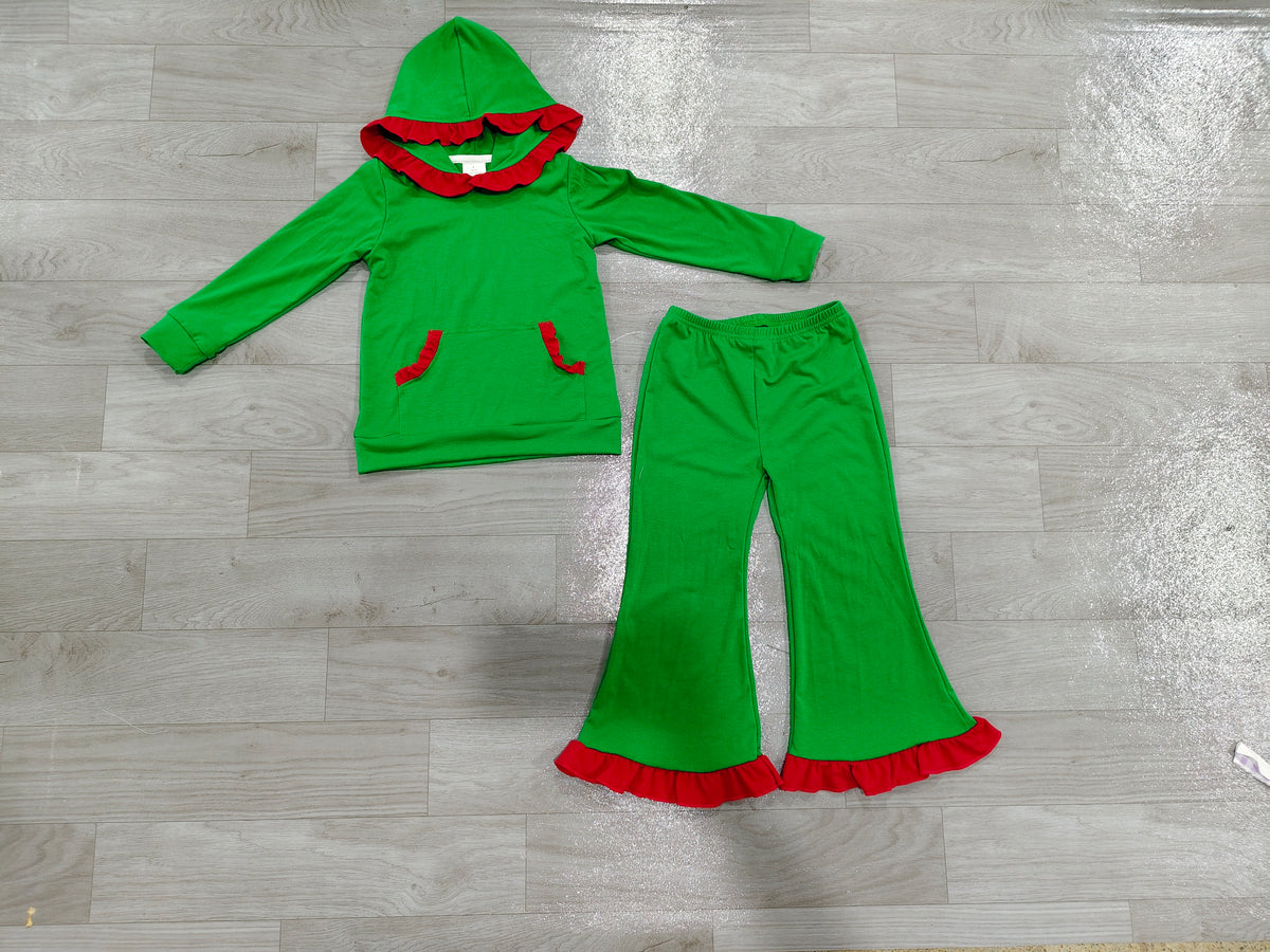 Pre order Christmas cotton green with red ruffle girl hoodie outfit