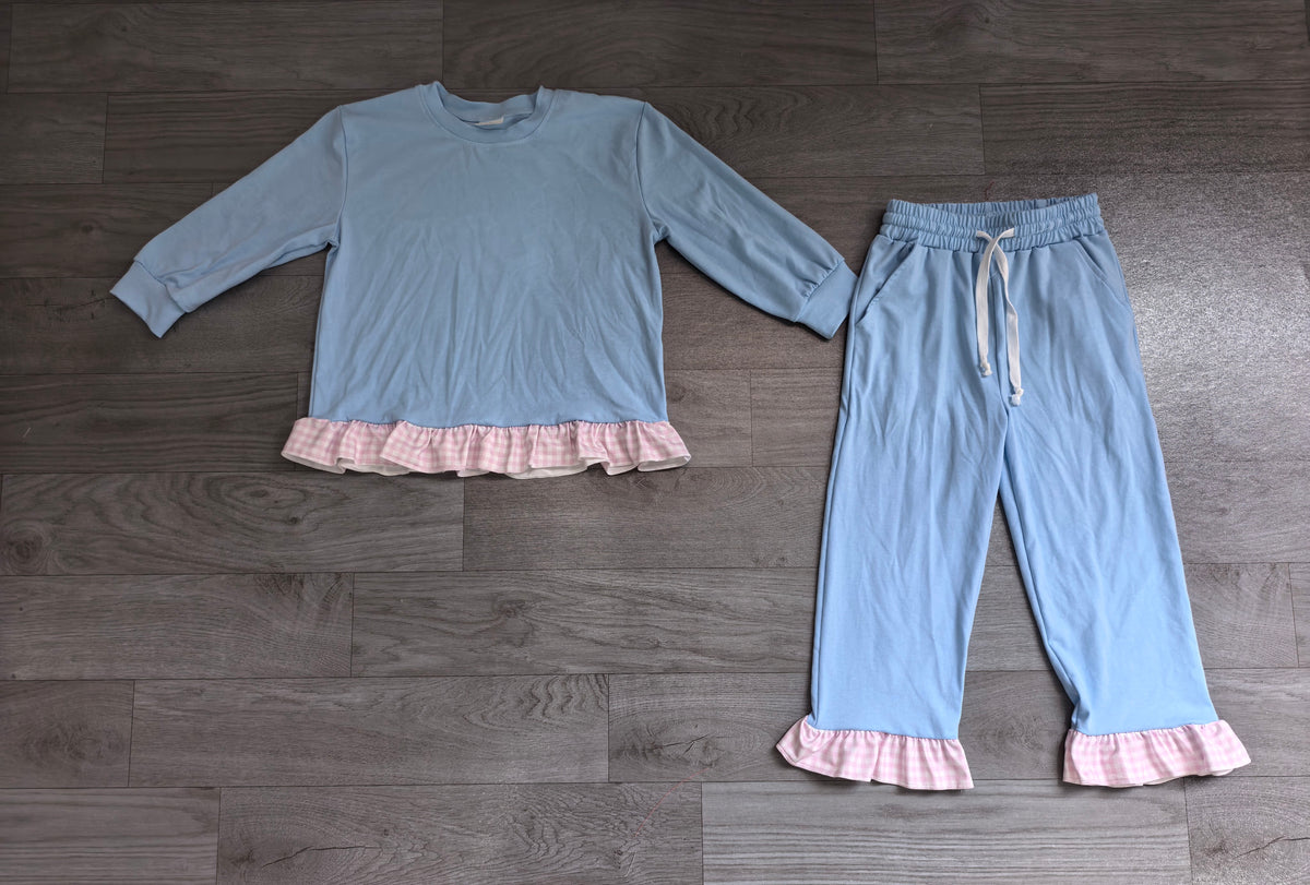 Pre order cotton blue ruffle trim outfit girls clothes