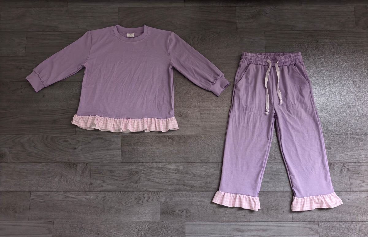Pre order cotton purple ruffle trim outfit girls clothes
