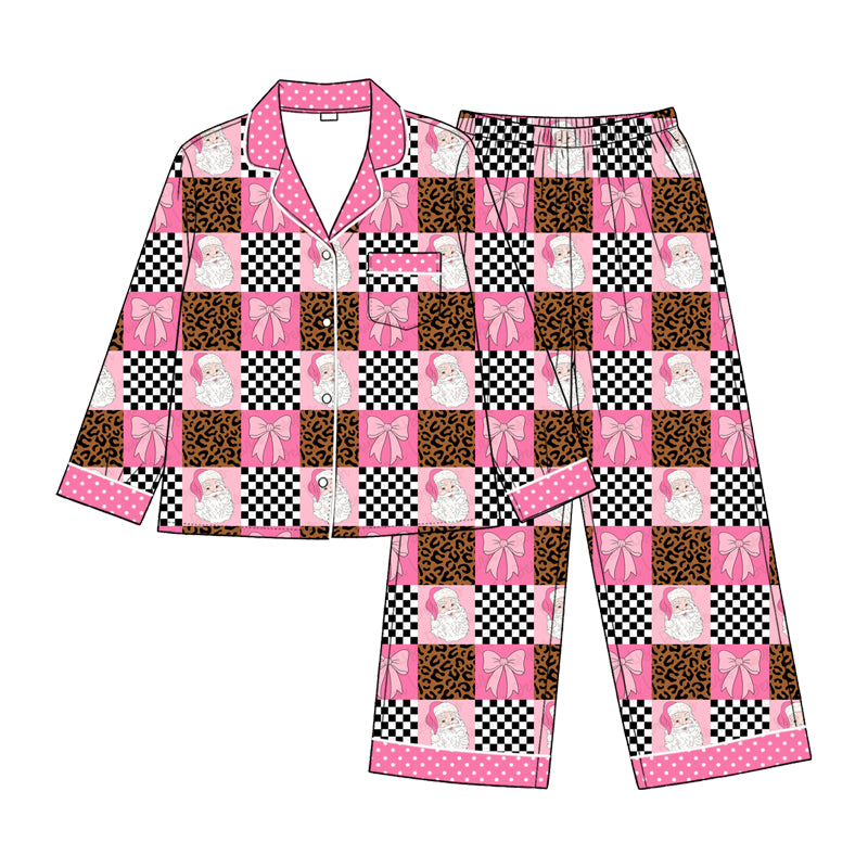 Pre order pink santa bow leopard checkered christmas girl sibling clothing