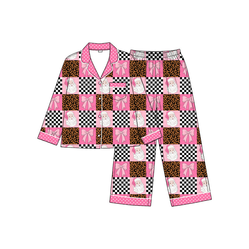 Pre order pink santa bow leopard checkered christmas girl sibling clothing