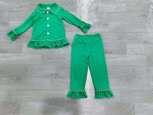 Pre order Christmas cotton green button down pajamas sets girl