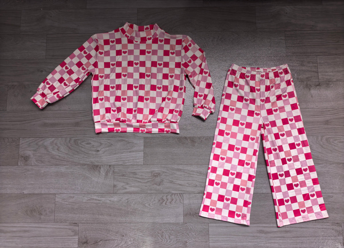Pre order pink heart checkerd wide pants set girls outfit