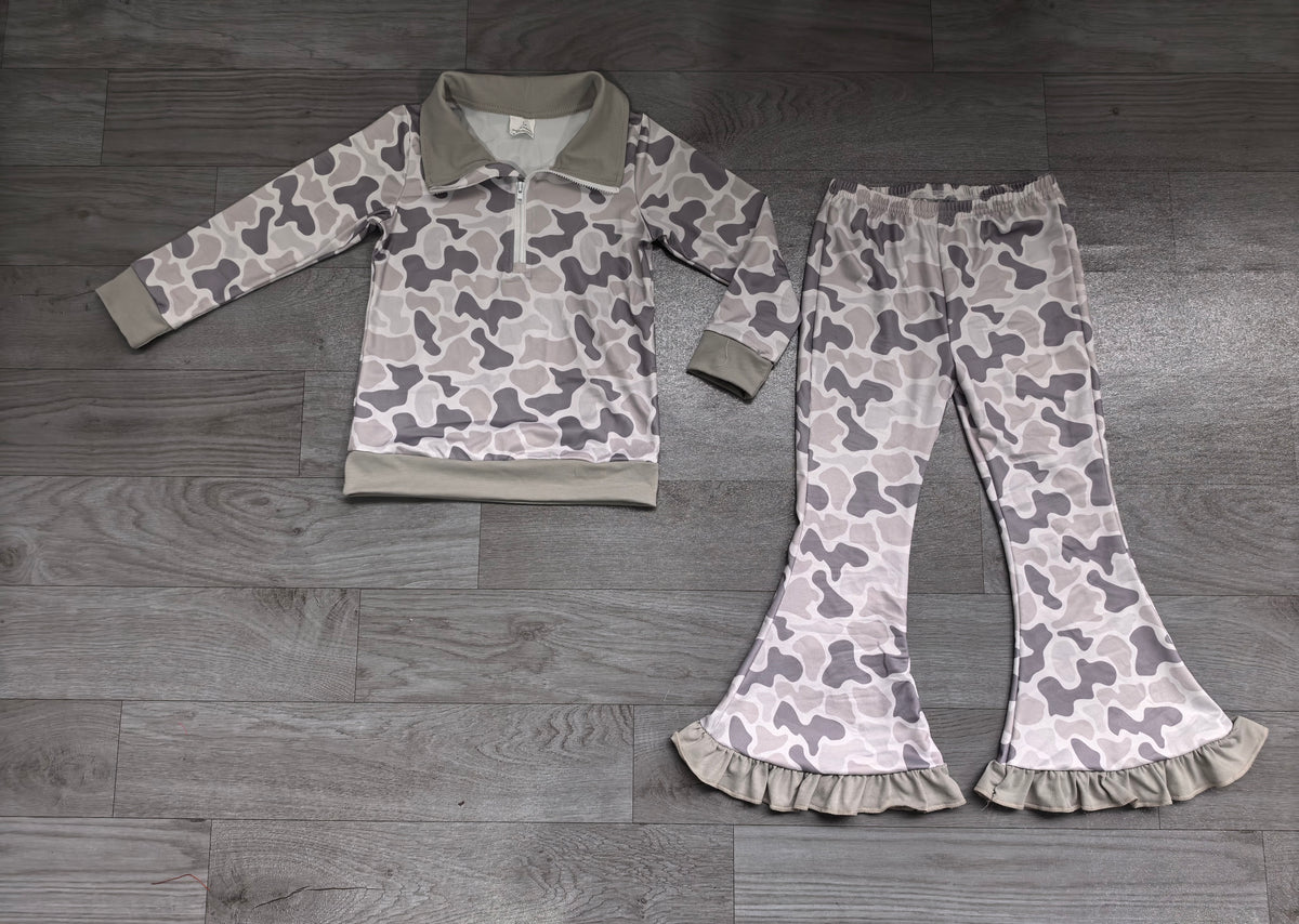 Pre order toddler girl camo zip pullover bell bottom pants set