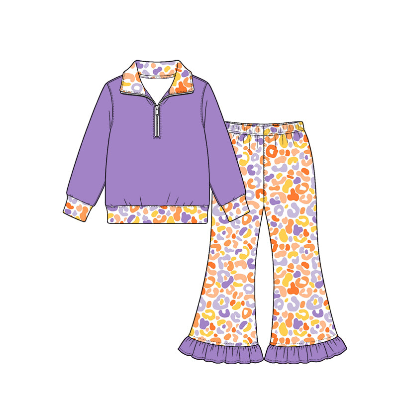 Pre order colorful leoard zip up pullover pants set girls clothing