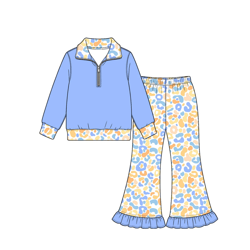 Pre order colorful leoard zip up pullover pants set girls clothing