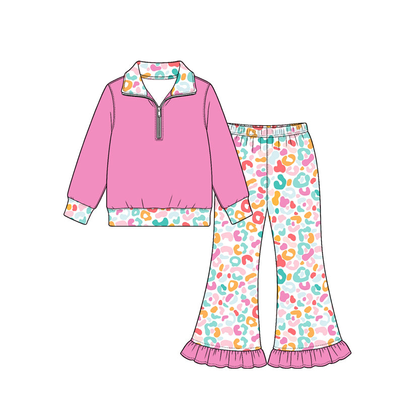 Pre order colorful leoard zip up pullover pants set girls clothing