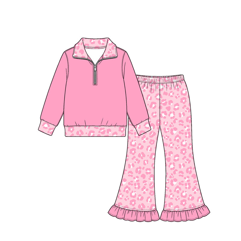 Pre order colorful leoard zip up pullover pants set girls clothing