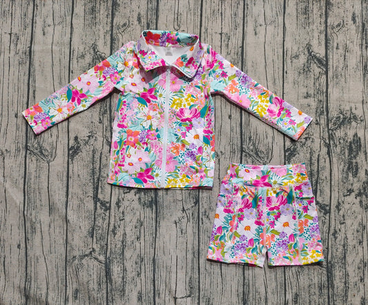 presale  GLS0012  Baby Girls Long Sleeves Pink Lavender Floral Zipper Top Shorts Yoga Set  D 5.30