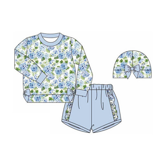 presale GLS0013 Baby Girls Blue Floral Bows Shirts Top Ruffle Shorts Clothes Sets D 910