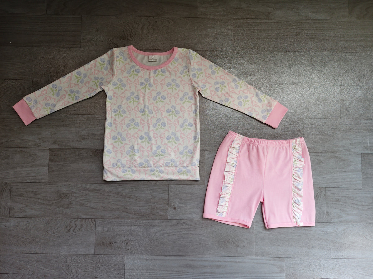 Pre order long sleeve pink bow floral print shirt shorts set