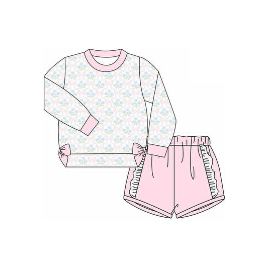 presale GLS0014 Baby Girls Pink Floral Bows Shirts Top Ruffle Shorts Clothes Sets  D 910