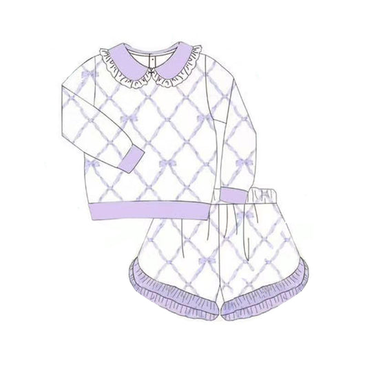 presale GLS0032 Baby Girls Lavender Bows Checked Long Sleeve Top Shorts Clothes Sets D 1008