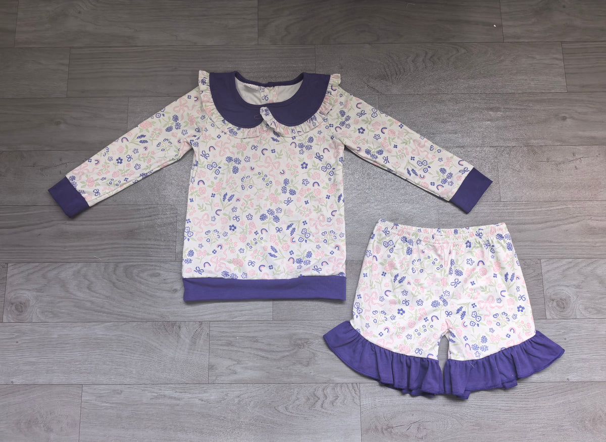 Pre order pink bow floral print collared top shorts set