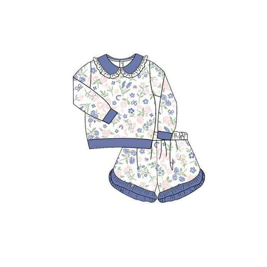 presale GLS0033 Baby Girls Long Sleeve Floral Collar Top Ruffle Shorts Clothes Sets D 1015