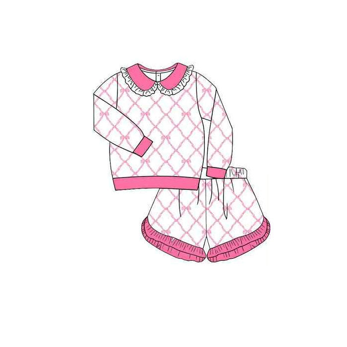 presale GLS0035 Baby Girls Long Sleeve Pink Bows Checked Top Ruffle Shorts Clothes Sets D 1015