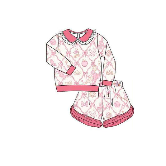 presale GLS0038 Baby Girls Long Sleeve Bows Shell Checked Top Ruffle Shorts Clothes Sets D 1015