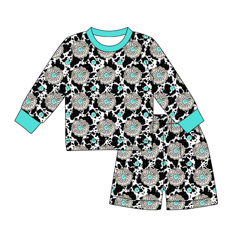 presale GLS0050 Baby Girls Long Sleeve Cow Print Turquoises Top Shorts Western Clothes Sets  D 1107
