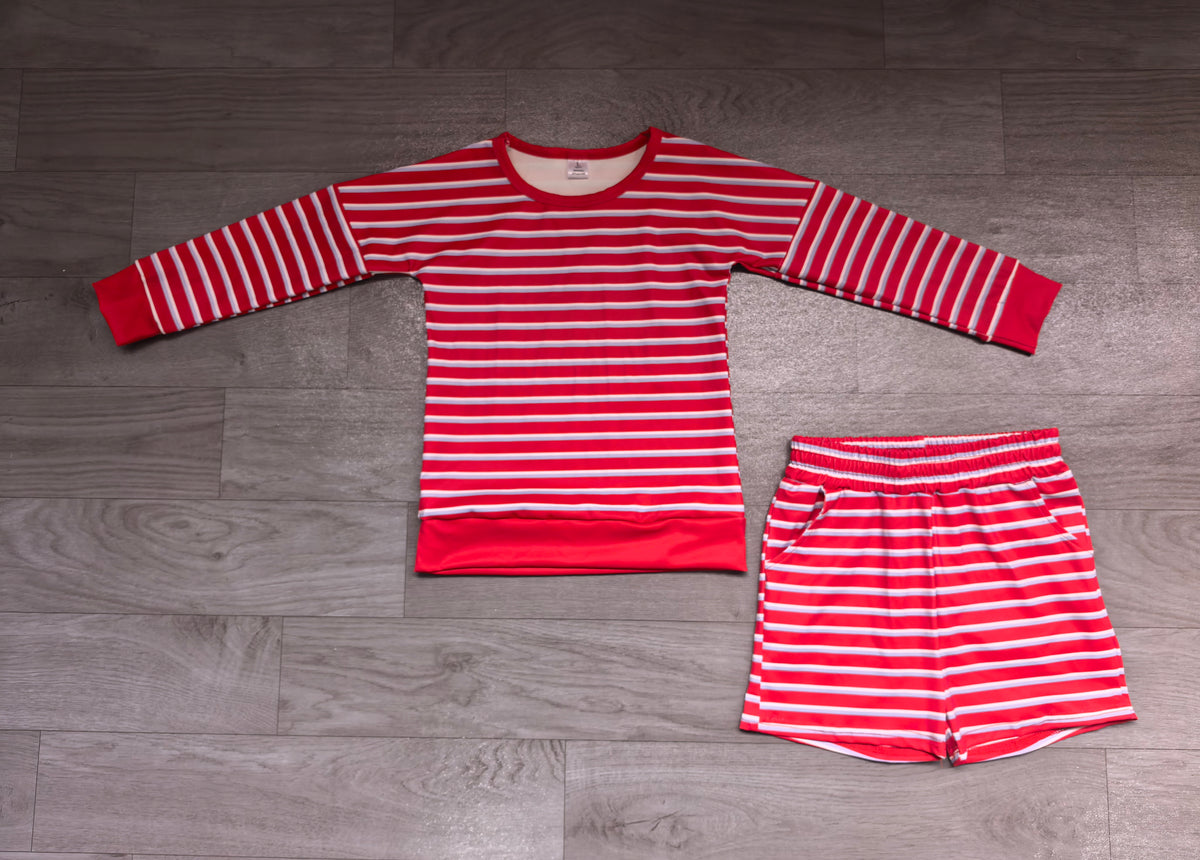 Pre order athletic red gray striped shirt shorts set yoga