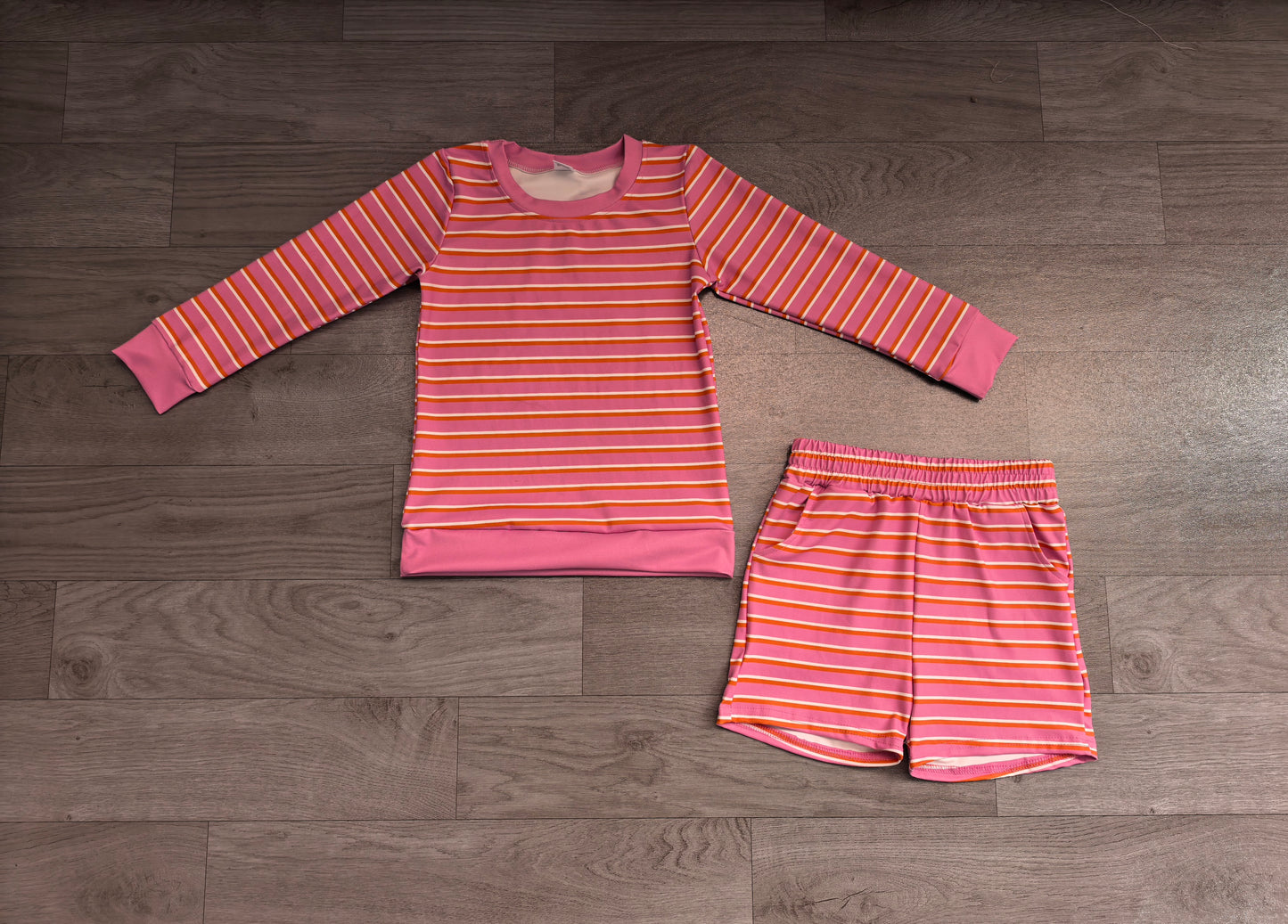 Pre order long sleeve pink striped girls athletic shorts set