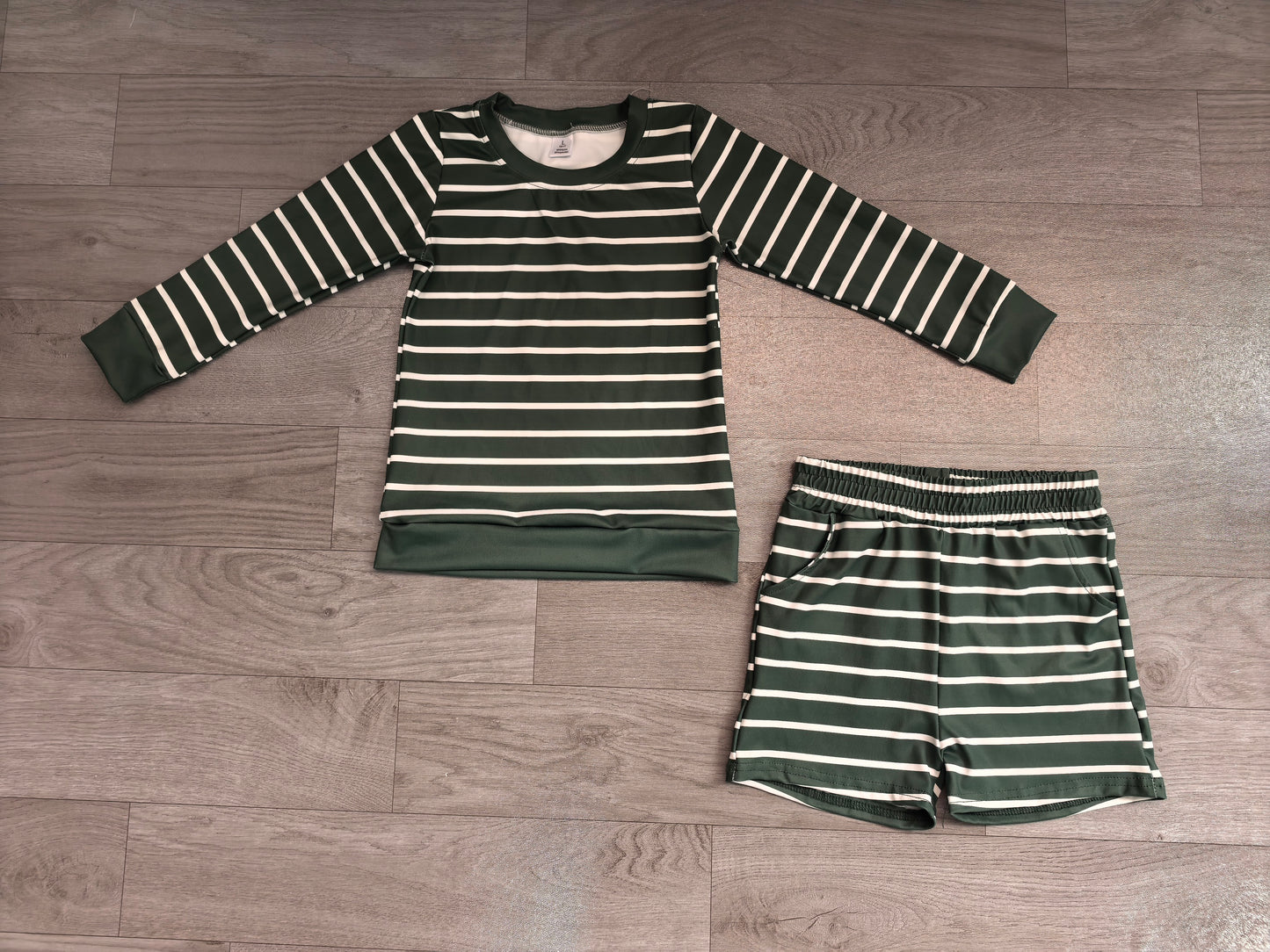 Pre order long sleeve olive green striped girls athletic shorts set