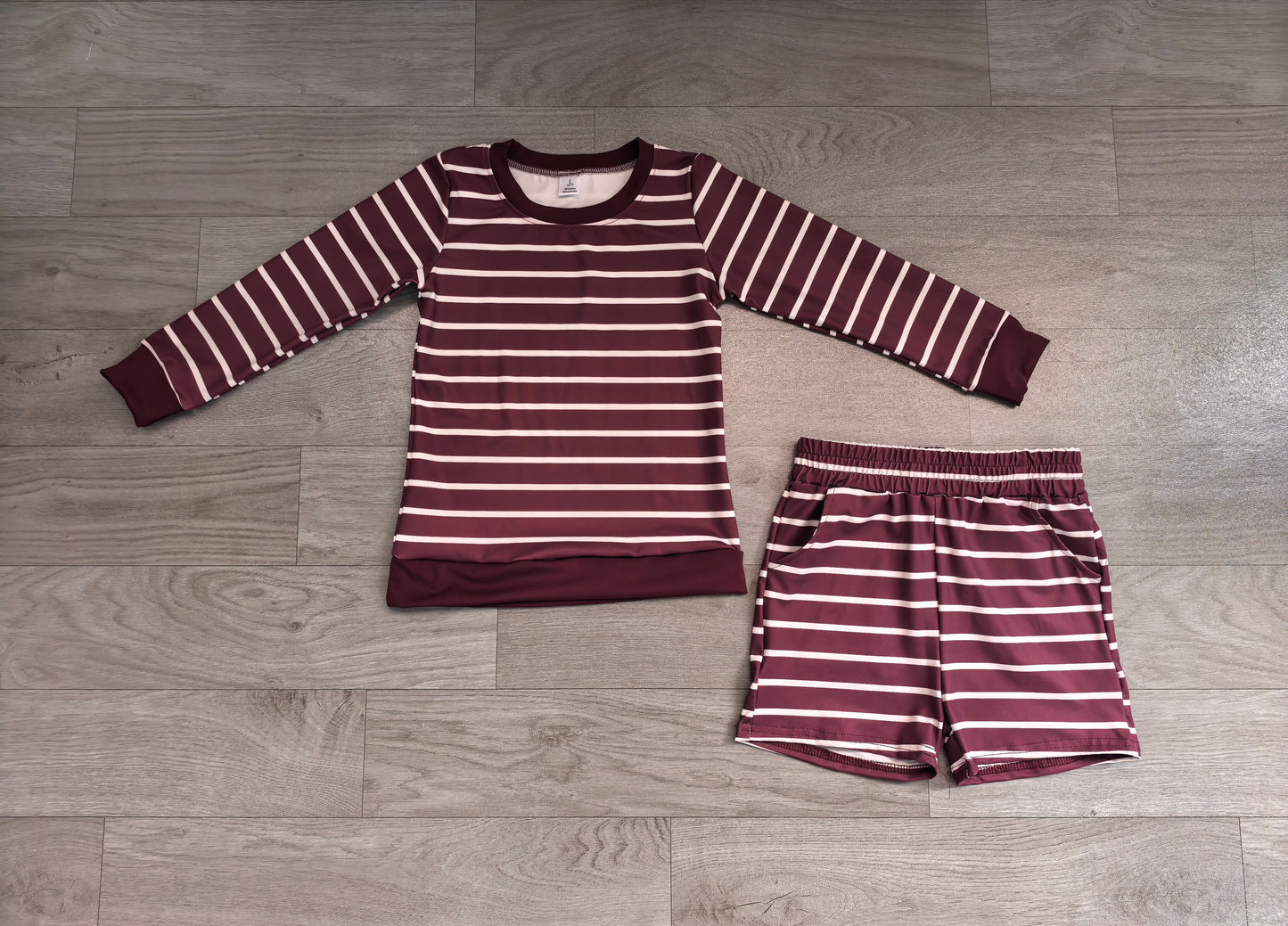Pre order long sleeve maroon striped girls athletic shorts set