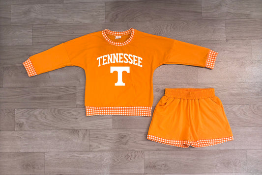 Pre order digital print girls team orange shorts outfits