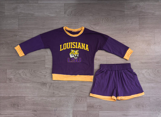 Pre order digital print girls team purple shorts outfits