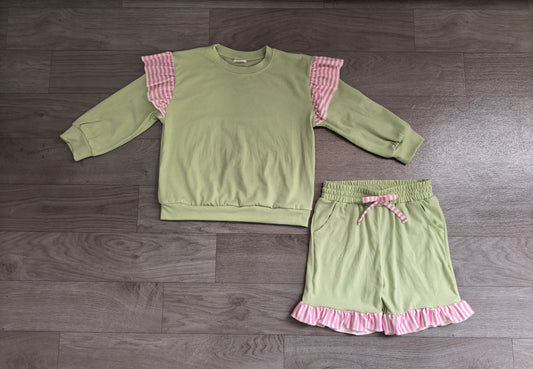 Pre order cotton green ruffle shorts outfit girls clothing