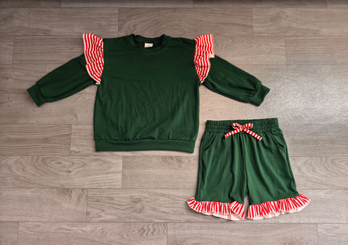 Pre order cotton christmas green ruffle shorts outfit girls clothing