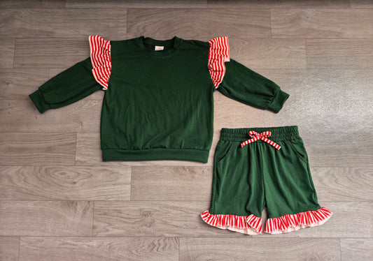 Pre order cotton christmas green ruffle shorts outfit girls clothing
