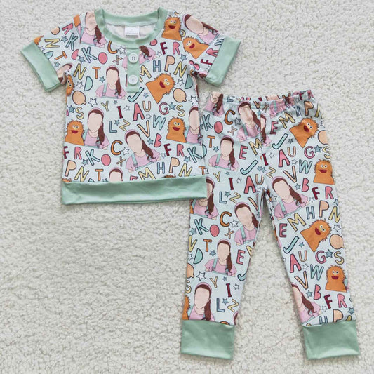 BSPO0110 Alphabet cartoon Ms.Rachel green edging short-sleeved trousers suit