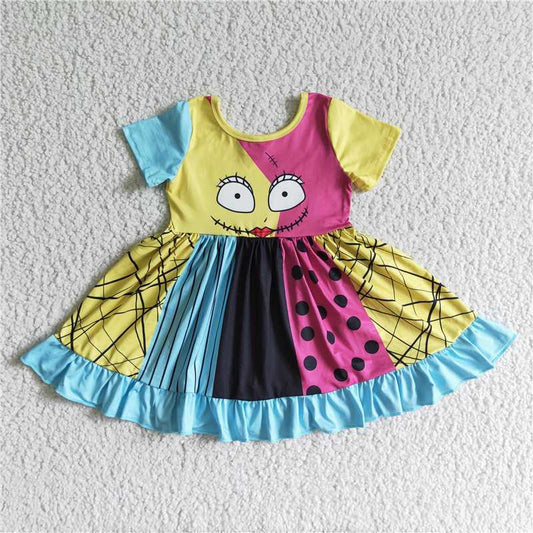 GSD0130 Yellow, black and blue patchwork short-sleeved dress