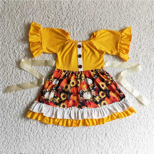 GSD0144 Yellow short-sleeved dress with pumpkin flower belt