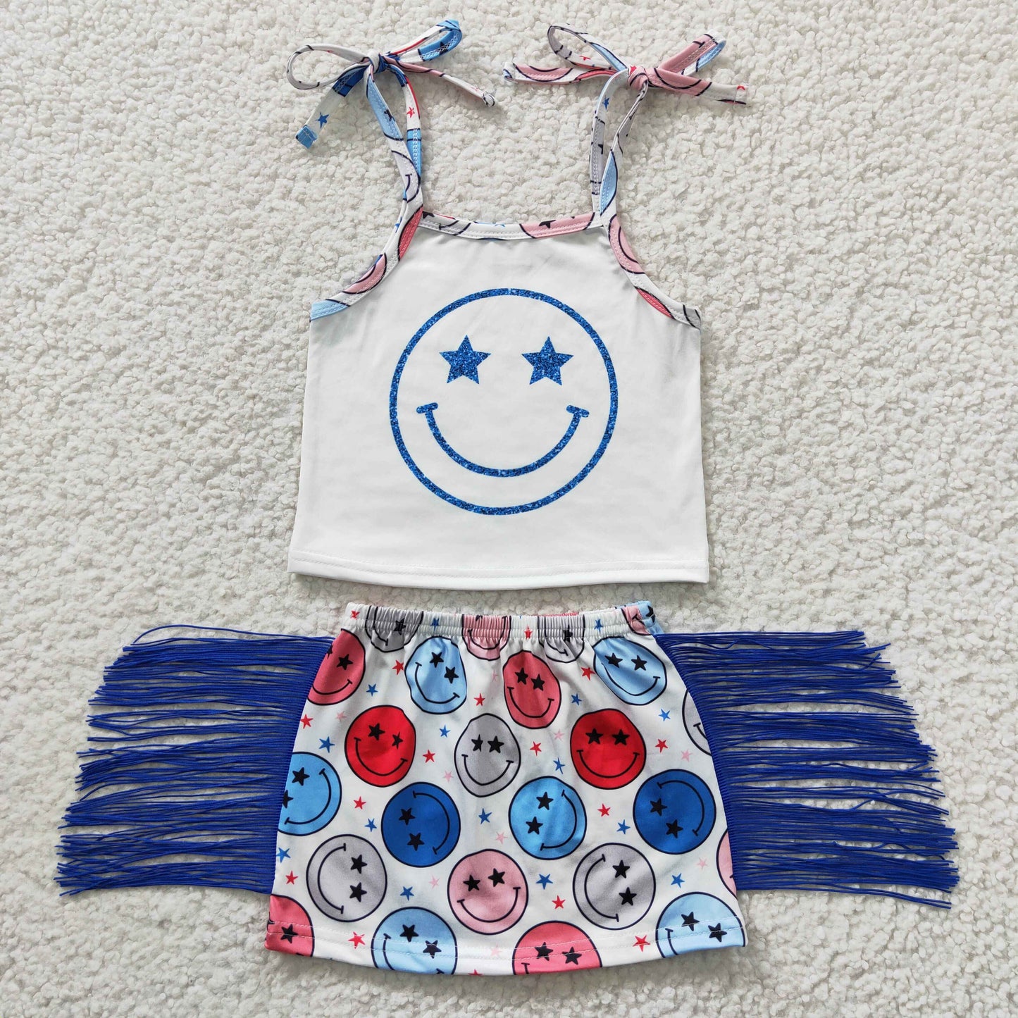 GSD0325 red white blue patriotic smile fringe skirt set