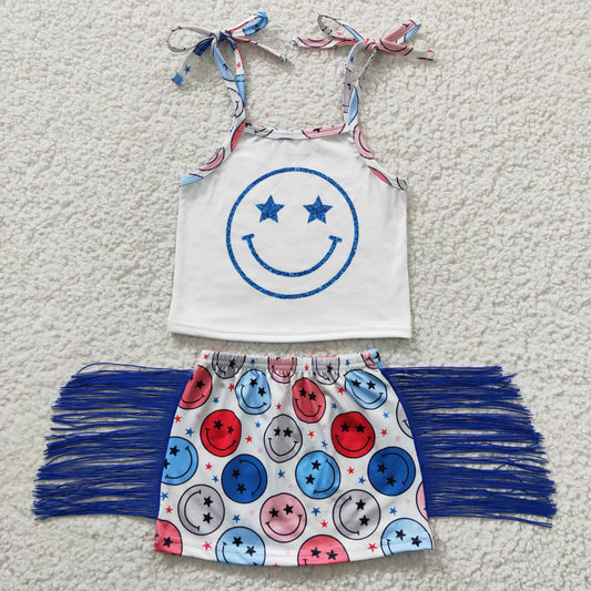GSD0325 red white blue patriotic smile fringe skirt set