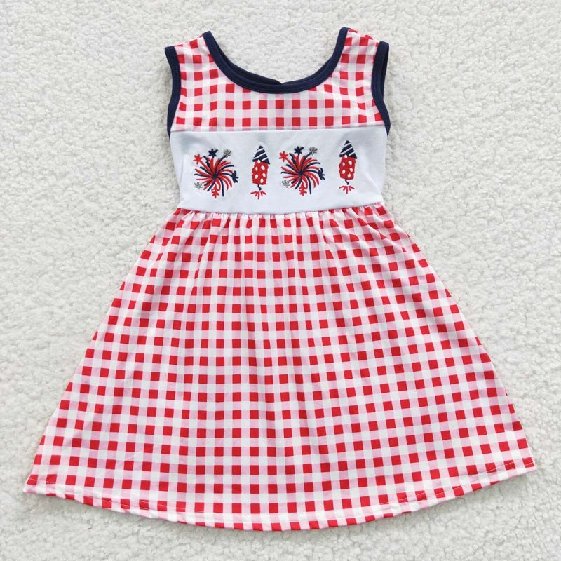 GSD0330 Girls National Day Embroidered Fireworks Red Plaid Sleeveless Dress