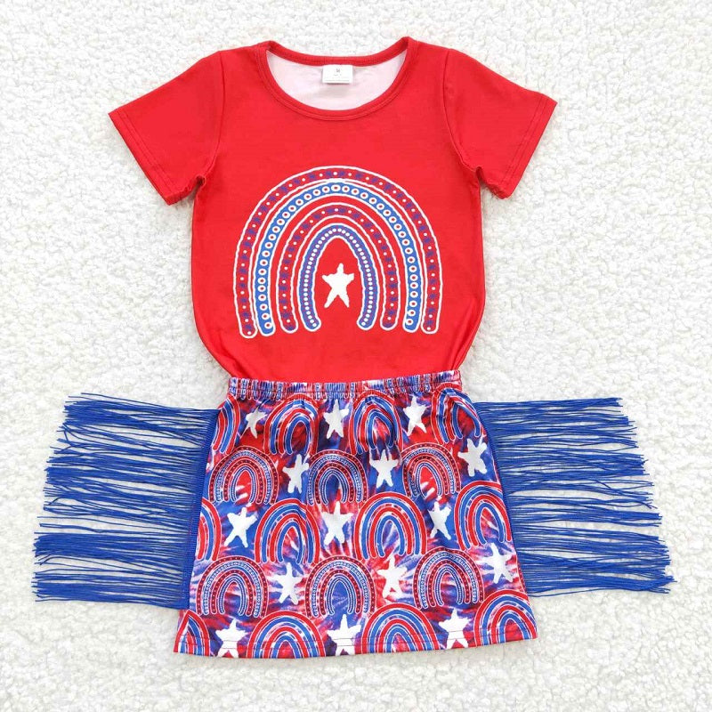 GSD0338 National Day Rainbow Short Sleeve Blue Fringe Skirt Set