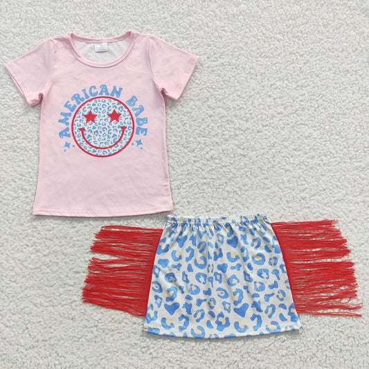 GSD0339 Smiley Pink Short Sleeve Blue Leopard Fringe Skirt Set