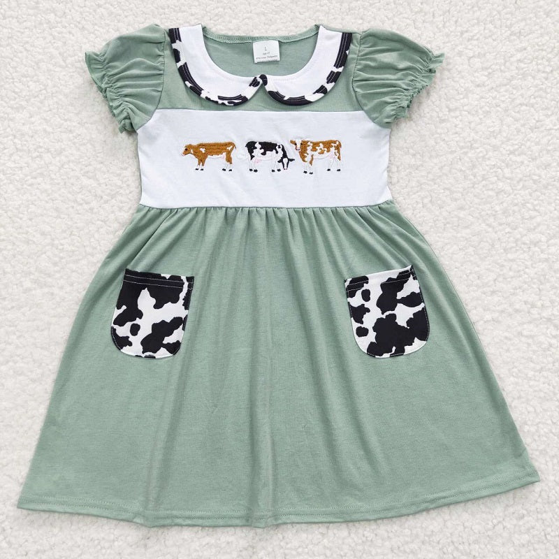 GSD0347 Baby Girls Embroidered Cow Green Pocket Short Sleeve Dress