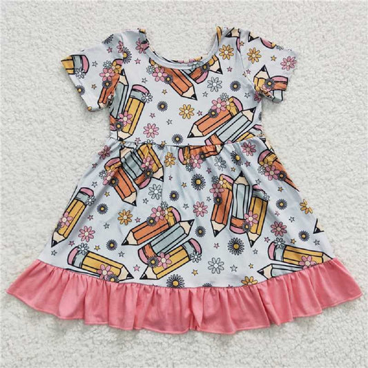 GSD0379 Back to School Pencil Light Blue Pink Trim Short Sleeve Dress