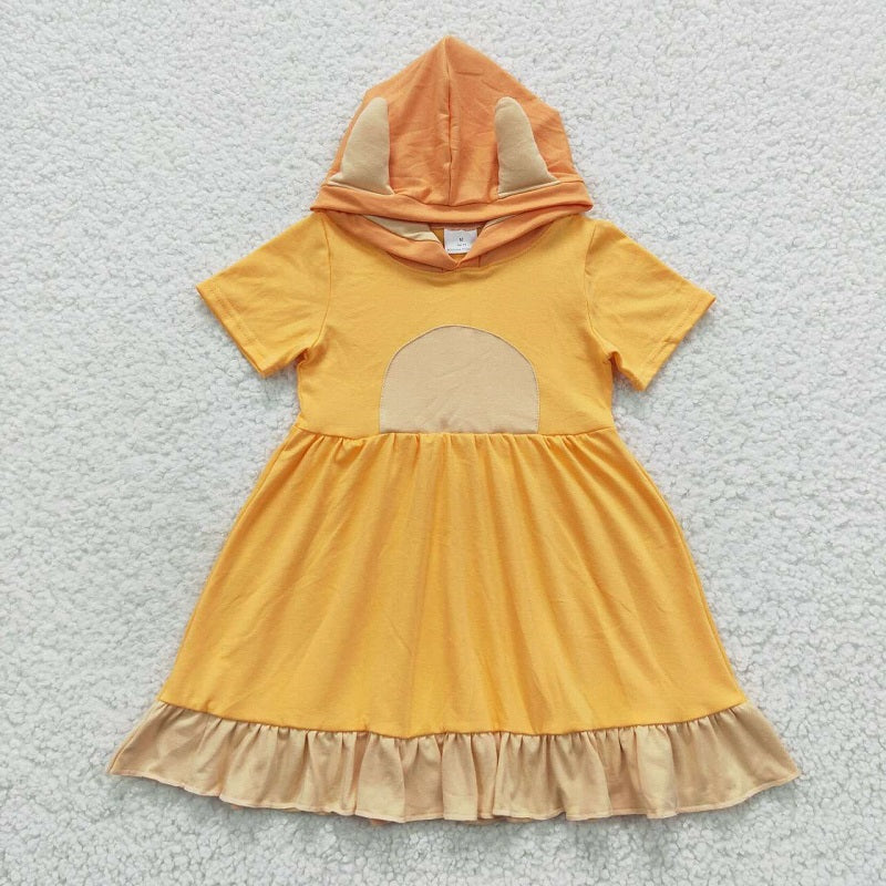 GSD0385 Orange Hooded Short Sleeve Wood Ear Trim Dress
