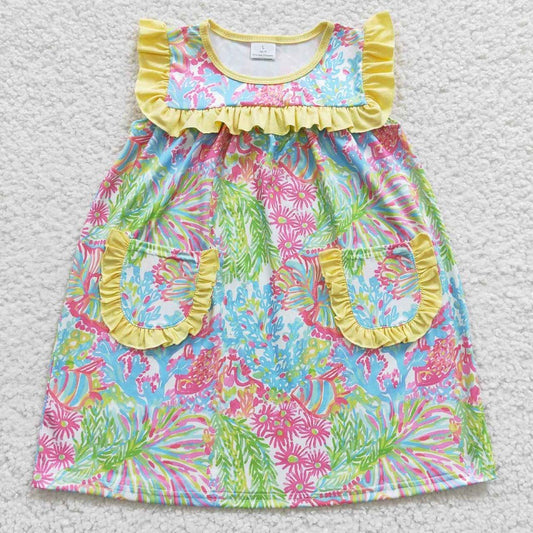 GSD0391 Floral Yellow Lace Pocket Sleeveless Dress